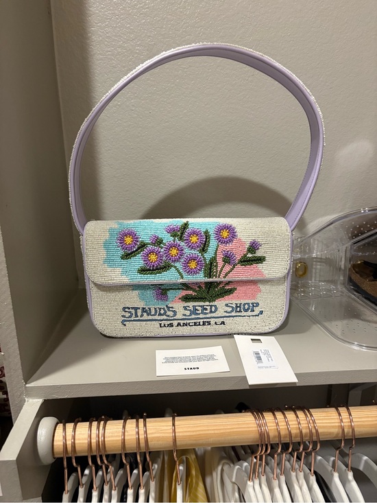STAUD Handbags - STAUD Seed Shop Beaded Floral Shoulder Bag in Lavender and Cream